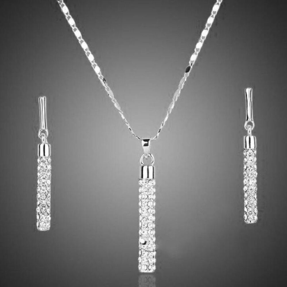 Silver Drop Earrings Pendant Necklace Jewelry Set